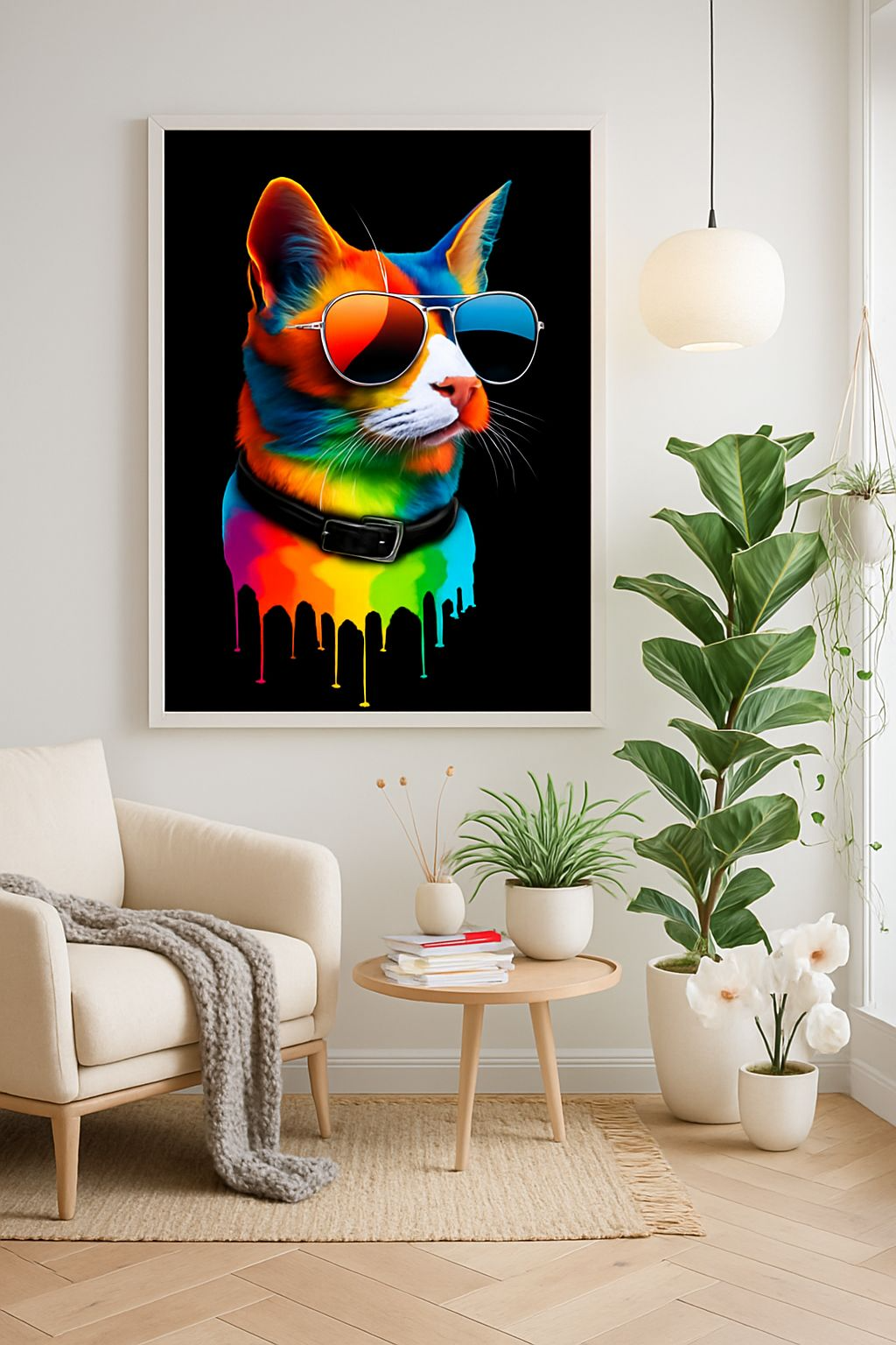 Vibrant Rainbow Cat Poster with Aviator Sunglasses – A4 Glossy Art Print