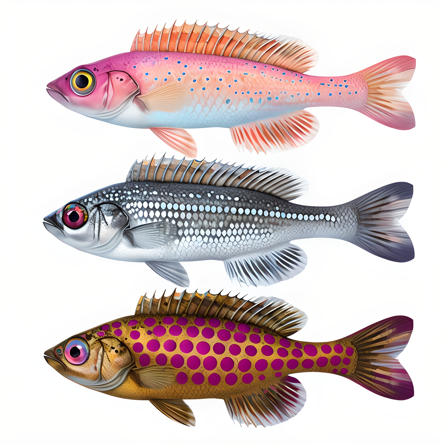 "Trio of Fins" – Levendige geïllustreerde visposter (A4-formaat)