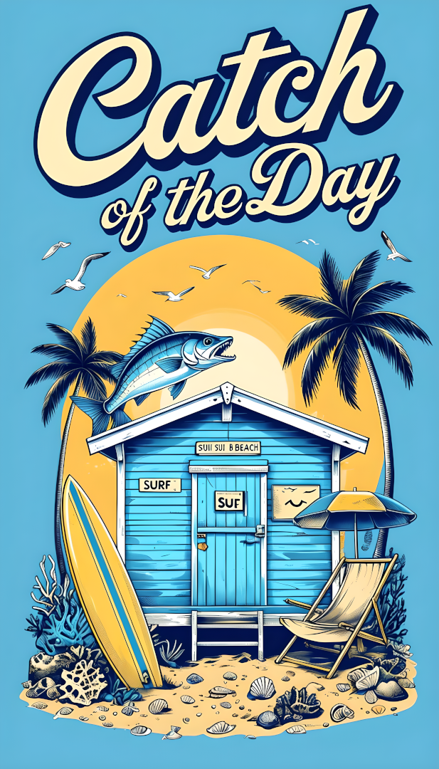 Fang des Tages – Retro-Strandhütten-Poster (A4, glänzende Oberfläche)
