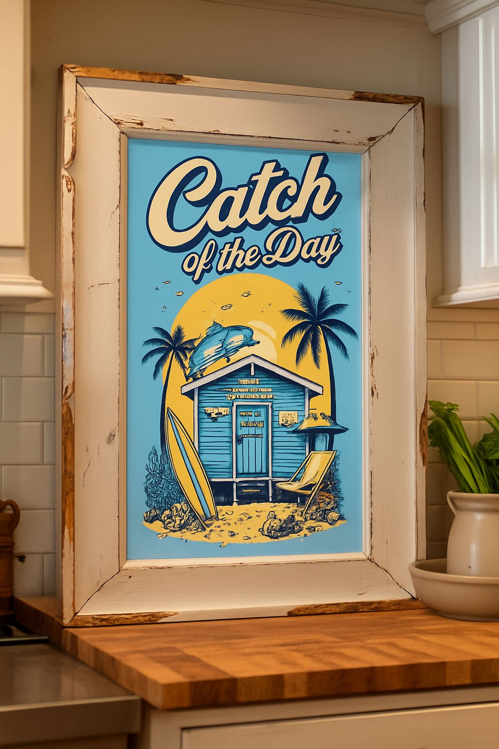 Fang des Tages – Retro-Strandhütten-Poster (A4, glänzende Oberfläche)