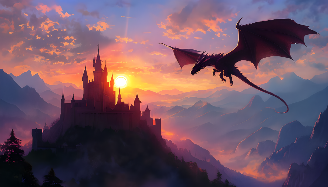“Dragon's Dominion” – Fantasy Castle Sunset Poster