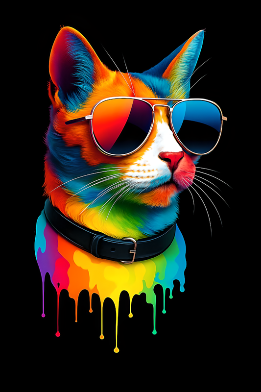 Vibrant Rainbow Cat Poster with Aviator Sunglasses – A4 Glossy Art Print